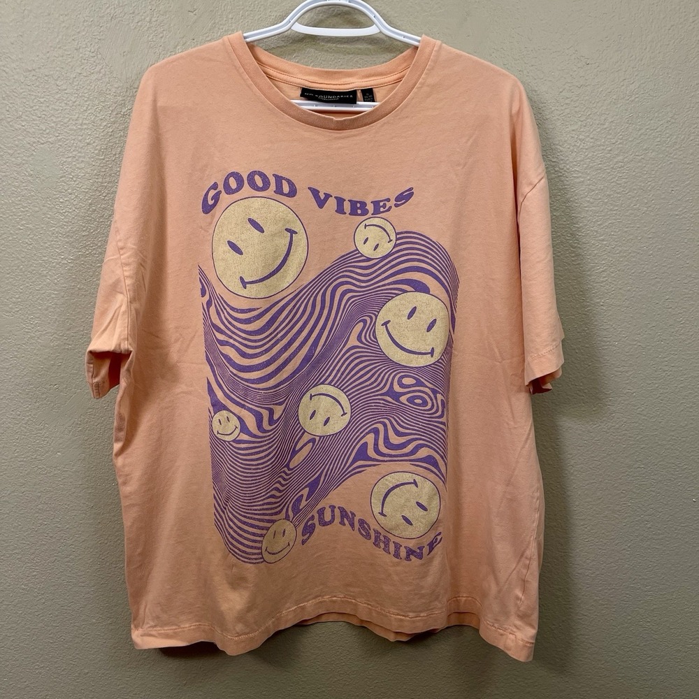 No Boundaries Good Vibes Smiley T-Shirt Cotton Peach Summer Size XL Men's Unisex
